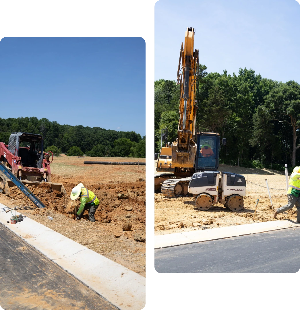 Construction workers and machinery preparing a site near a road.