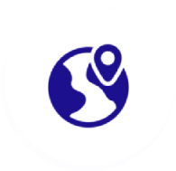 Blue globe icon with a location pin on a white background.