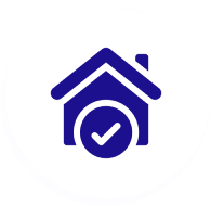 Blue home icon with a checkmark indicating verified safety.